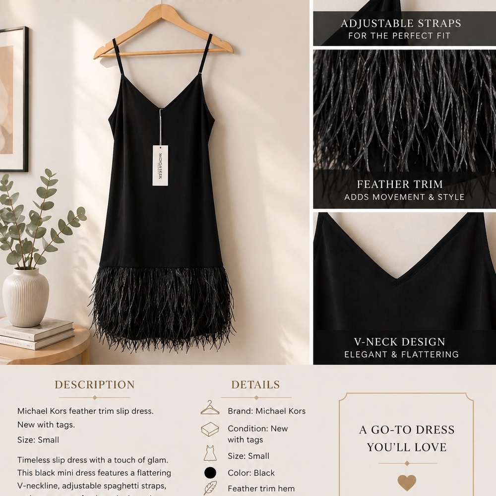 Michael Kors Black Feather Trim Slip Dress